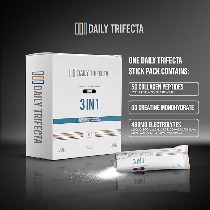 Daily Trifecta 3-in-1 Collagen, Creatine & Electrolyte Stick Packs | Type I Collagen, Creatine Monohydrate, Zero Sugar | 30 Natural Single-Serve Packets | Strength, Hydration & Recovery (Mango)