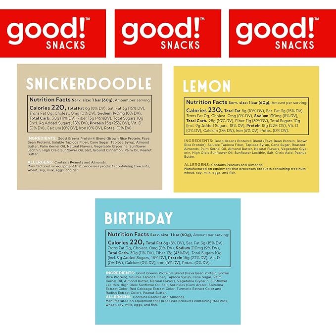 good! Snacks 3 Flavor Variety Pack, Vegan Protein Bars, Birthday Cake, Lemon & Snickerdoodle Protein Bar, Soy & Gluten Free, Plant Based, Low Sugar, 15g Clean Protein, Healthy Superfood Snack, 12 Bars