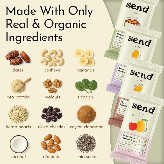 Send Bars Plant-Based Vegan Healthy Protein Bars, With Greens (Banana Bread, 8 Bars) – Only Real Ingredients, Zero Added Sugar, Gluten-Free, Dairy-Free