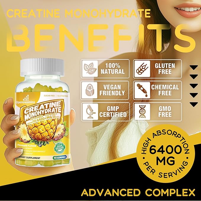 Creatine Monohydrate Gummies Complex for Men & Women -Advanced Formula W/L-Taurine + Vitamin B12, Sugar Free Chewable Supplement,180 Pineapple Gummies 2pack