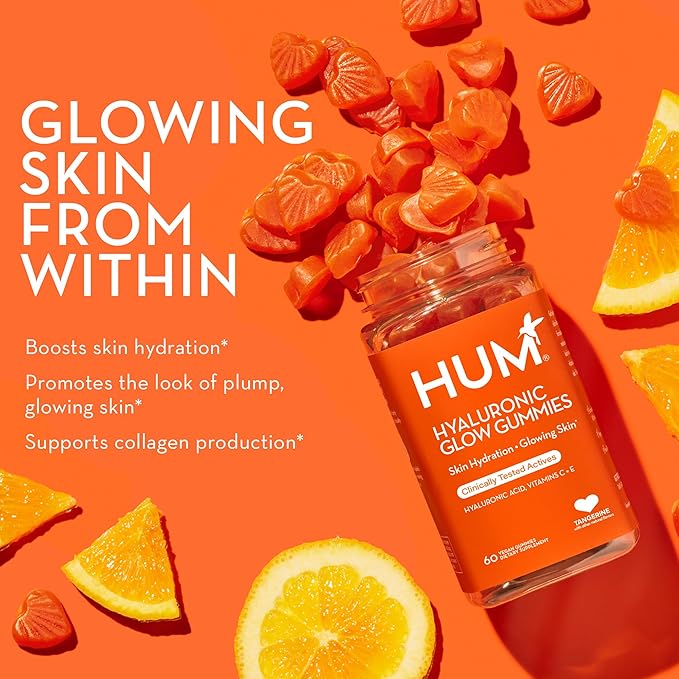 HUM Hyaluronic Glow Hydrating Skin Care Supplement, with Low Molecular Hyaluronic Acid, Vitamin C from Amla Fruit, and Vitamin E, Antioxidant Support for Skin Hydration, Tangerine, 60 Vegan Gummies