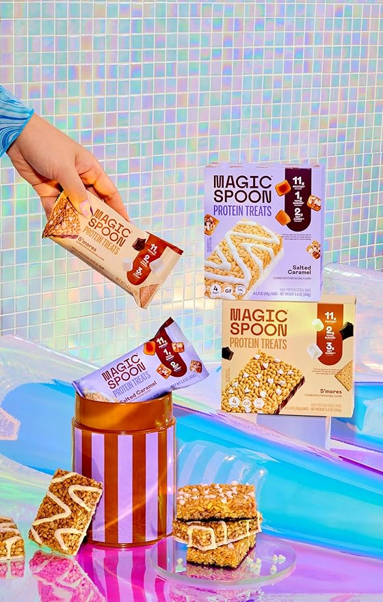 MAGIC SPOON Treats - High Protein Bars, Low Carb, Keto Friendly, 1g of Sugar, Crispy Treat Cereal Bar, On-The-Go Healthy Snack (8 Salted Caramel Bars, 8 Smores Bar)