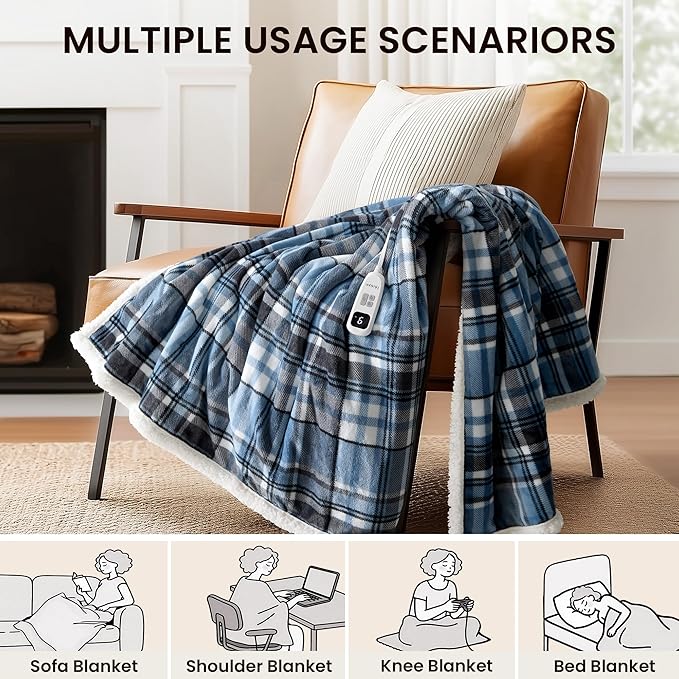 Heated Blanket Electric Throw-50''x60''Ultra Soft Cozy Plaid Flannel Fast Heating Electric Blanket with 10 Heat Levels & 10 Hours Auto Off, ETL Certified, Keep Warm in Couch Bed Office(Blue)