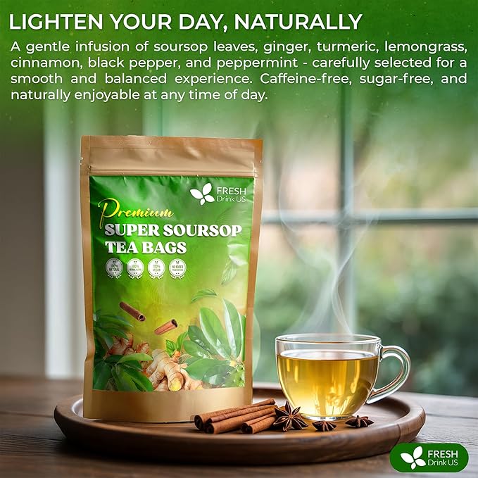 FreshDrinkUS, Super Soursop Herbal Tea β 60 Tea Bags | Soursop, Ginger, Turmeric, Lemongrass, Cinnamon, Black Pepper & Peppermint | Caffeine-Free, Natural Flavor, Plant-Based Blend | Sugar-Free