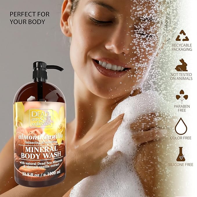 Dead Sea Collection Almond Vanilla Body Wash for Women and Men – Almond Vanilla Scent with Dead Sea Minerals – Moisturizing Shower Gel for Dry & Sensitive Skin – Pack of 2 (67.6 fl oz)