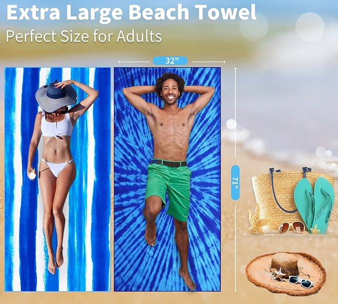 6 Pack Lightweight Thin Beach Towel Oversized 71"x32" Big Extra Large Microfiber Sand Free Towels for Adult Quick Dry Travel Camping Beach Accessories Gift Turtles Tie Dye Coconut Tree Mandala Stripe