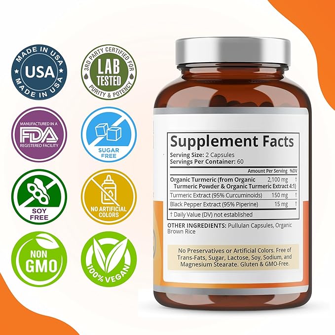 Purity Labs Organic Turmeric Curcumin Supplement with Piperine 2,250 MG/Serving | 95% Curcuminoids Turmeric Supplements, Antioxidant Joint Pain Relief, Muscle & Brain Support | Non-GMO - 120 Capsules