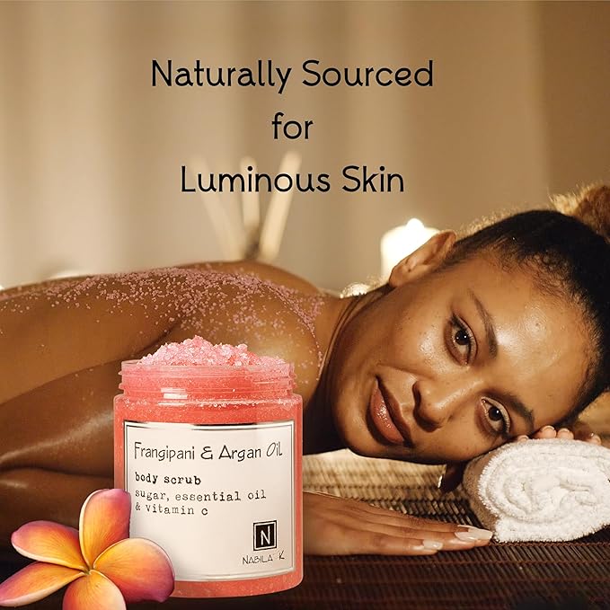 Frangipani & Argan Oil Body Scrub Made in USA with Essential Oil and Vitamin C by Nabila K - Exfoliate and Moisturize for Smooth Skin - Luxury for Women & Men, 10 oz