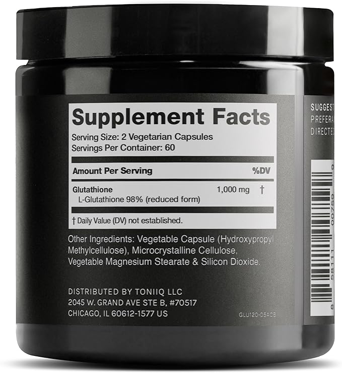 Toniiq Ultra High Strength Glutathione Capsules - 1000mg Concentrated Formula - 98%+ Highly Purified and Bioavailable - Non-GMO Fermentation - 120 Capsules Reduced Glutathione Supplement