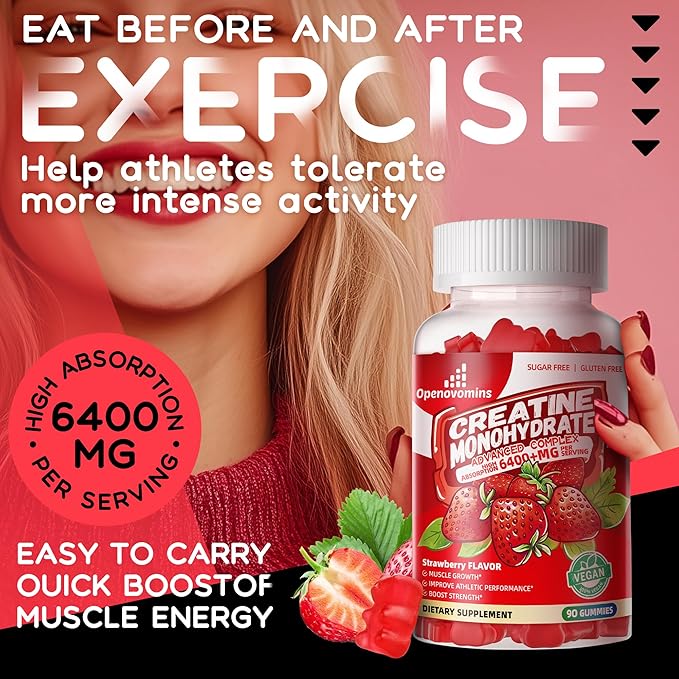 Creatine Monohydrate Gummies Complex for Men & Women -Advanced Formula W/L-Taurine + Vitamin B12, Sugar Free Chewable Supplement,90 Strawberry Gummies