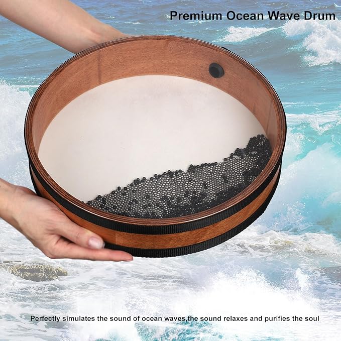 Ocean Drum 12 inch with Goatskin Drumhead,Steel&Plastic Wave Bead,Bag, Sound Healing Instrument for Yoga Meditation Relaxation
