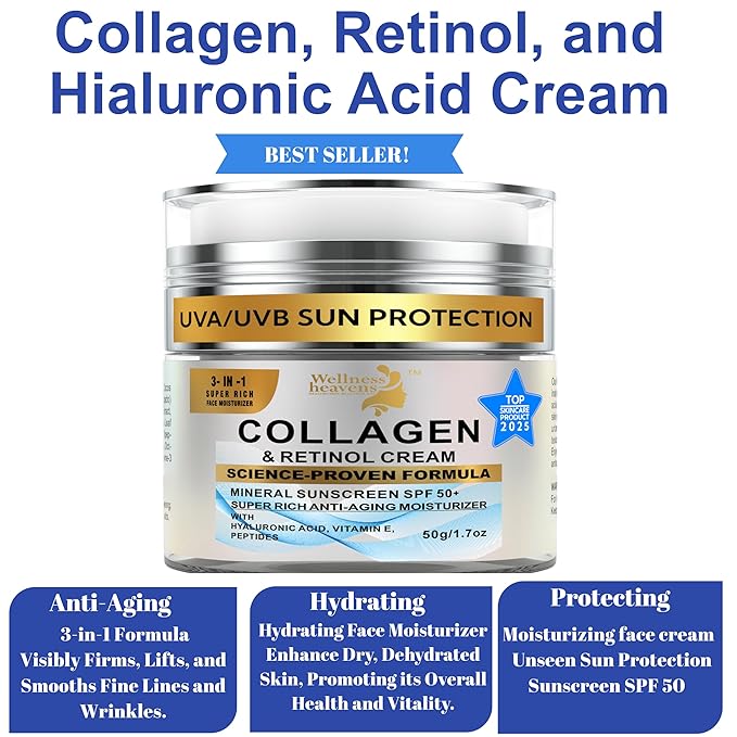 Face Moisturizer with SPF | Sunscreen for Face | Collagen, Retinol, Hyaluronic Acid Cream | Age-Defying, Lift & Firm Cream | Crema Hidratante para la Cara | Anti-Aging Moisturizer | Sunscreen | 1.7oz