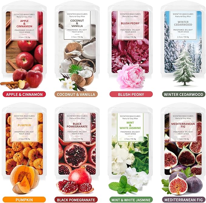 SCENTORINI Wax Melts, Scented Wax Melts, Vanilla & Coconut, Apple & Cinnamon, Pumpkin, Mint & White Jasmine, Winter Cedarwood, Black Pomegranate, Mediterranean Fig, 8x2.5 oz