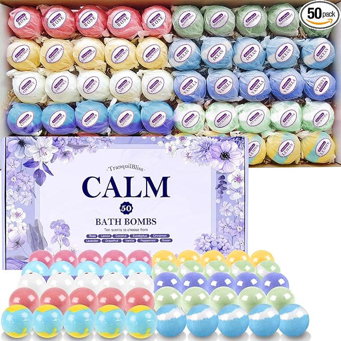 TranquilBliss Bath Bombs Set 50 PCS with 10 Rich Scents, Bath Bombs for Women, Natural Bubble Bombs with Shea Butter & Safe Oil, Ideal for Christmas, Birthday, Mother's Day Present (Purple)