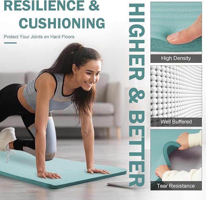 Yoga Mat 1-Inch Extra Thick High-Density Exercise Mat with Non-Slip Surface & Carry Strap for Men & Women Tear-Resistant Pilates Workout Mat for Home Gym, Floor Fitness, Aqua