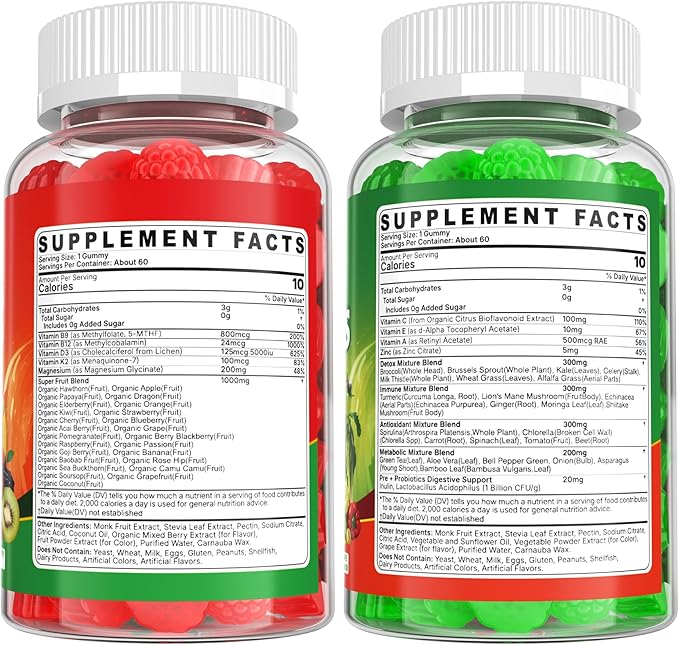 Super Greens Gummies, Daily Green Superfood Supplement w/Spirulina, Chlorella, Mushrooms, Probiotics, Multivitamins, 50+ Super Greens & Veggies Gummies to Boost Immunity, Energy & Gut Health, 120cts