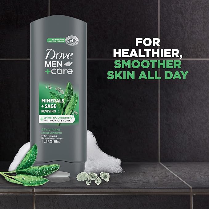 Dove Body and Face Wash Reviving Minerals + Sage Body Wash for Men with 24-Hour Nourishing Micromoisture Technology, 18 oz