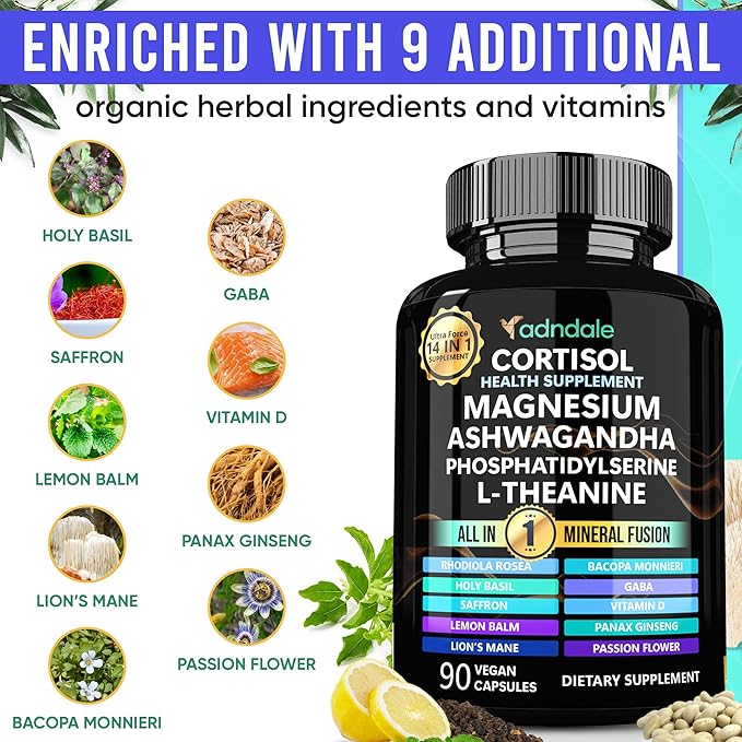 Adndale Cortisol Supplements for Women. Cortisol Supplement 14-in-1 Ashwagandha Supplement with Magnesium Glycinate, L-Theanine & More. 90 Capsules.