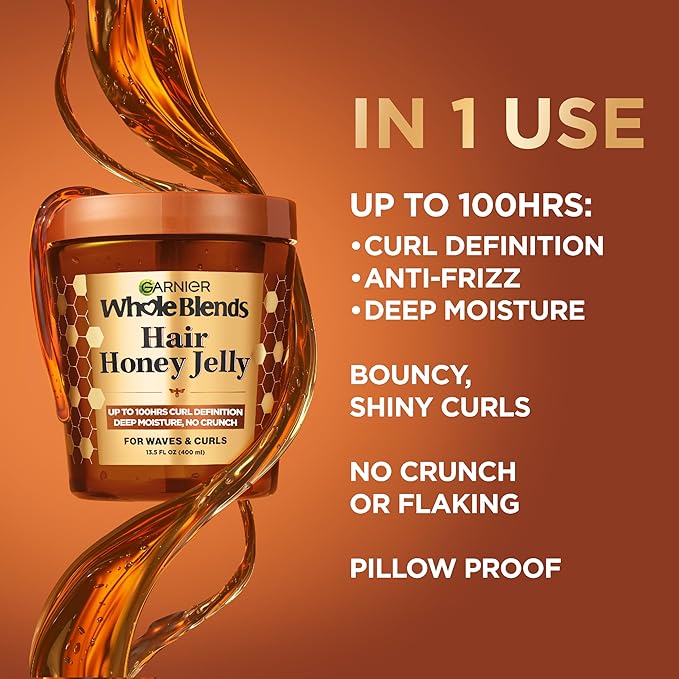 Garnier Whole Blends Honey Treasures Repairing Shampoo (22 Fl), Conditioner (22 Fl) + Defining Wavy & Curly Hair Jelly (13.5 Fl) (4 Items), Bundle