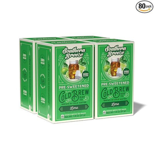 Southern Breeze Lime Cold Brew Sweet Tea Lime Iced Tea with Black Tea and Zero Carbs Zero Sugar, 20 Individually Wrapped Tea Bags Pack of 4