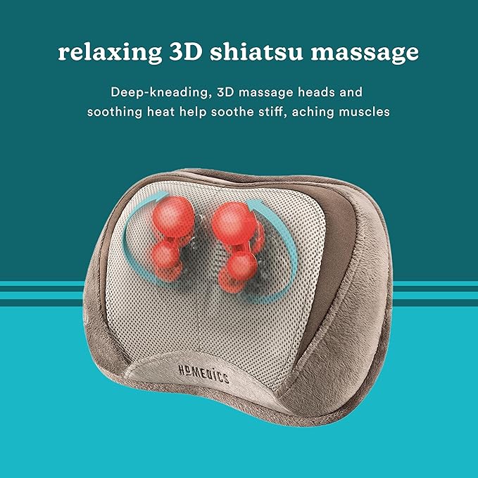 HoMedics Back and Neck Massager, Portable Shiatsu All Body Massage Pillow with Heat, Targets Upper and Lower Back, Neck and Shoulders. Lightweight for Travel