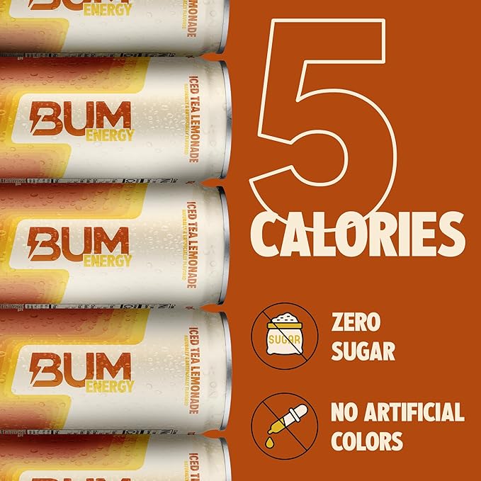 BUM Sugar-Free Energy Drink, Iced Tea Lemonade - No Artificial Colors, Natural Caffeine & Citicoline for Energy & Focus, Brain Boost & Workout Sports Beverage - 12 oz, Pack of 12