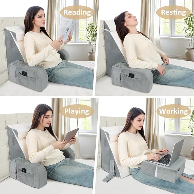 Reading Pillow for Sitting in Bed Adult, Back Pillow for Bed Sitting up, Reading & Bed Rest Pillows for Watching (White/Gray)