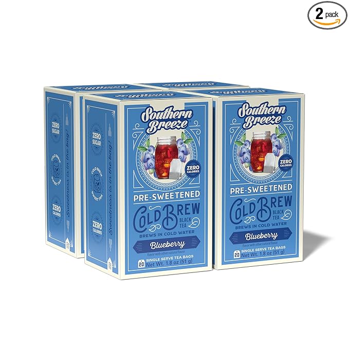 Southern Breeze Blueberry Cold Brew Sweet Tea Blueberry Iced Tea with Black Tea and Zero Carbs Zero Sugar, 20 Individually Wrapped Tea Bags Pack of 4