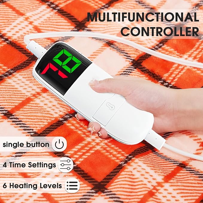 Electric Heated Blanket King Size, 90X100 Orange Blanket with Dual Control&10 Heats Levels&Timer for Bed,Large Plaid Sherpa Heating Blankets Warmer Gifts for Women Grandma Halloween Home Decor, ETL