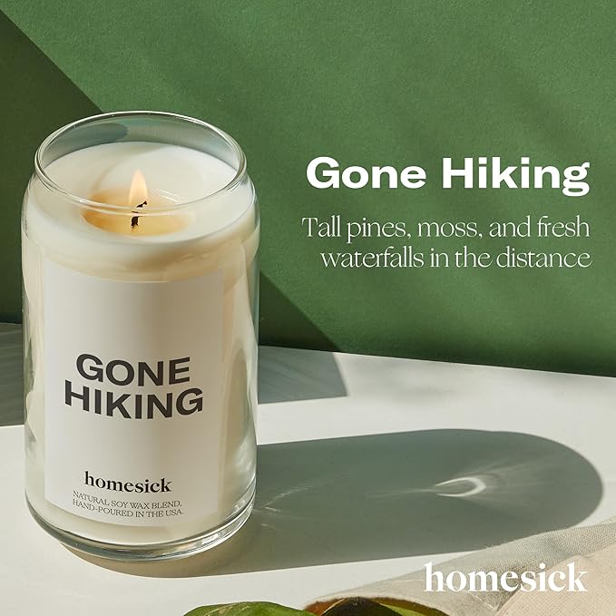 Homesick Scented Candles for Home (Gone Hiking) - 13.75 oz Long-Lasting Natural Soy Wax Blend Jar Candle Gifts for Women & Men, 60-80 Hours Burn Time - Notes of Pine, Jasmine & Sandalwood