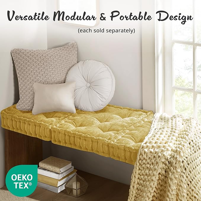 Intelligent Design Azza Floor Pillow, Large Cushions Sitting for Adults, Floor Pillow for Meditation or Yoga, Lustrous Chenille Tufted with Scalloped Edges for Bench/Chair Cushion, 20"x20"x5" Yellow