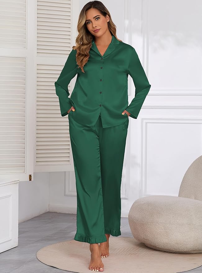 Veseacky Womens Satin Pajama Set Silk Pjs Button Down Long Sleeve Sleepwear Loungewear Sleepwear 2 Piece Pjs Set S-XXL
