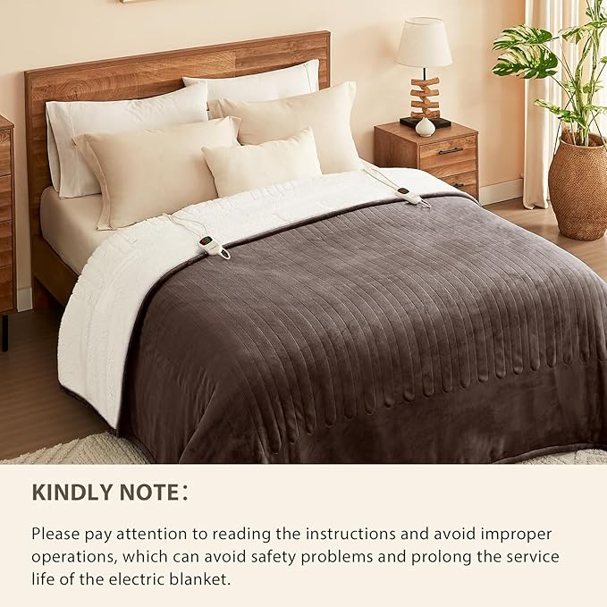 Homemate Electric Heated Blanket King - 100"x90" Heating Bed Blankets Throw with 10 Heating Levels 8 Hours Auto Off Fast Heating Over-Heated Protection Ultra Soft Warm Flannel ETL Certified Brown