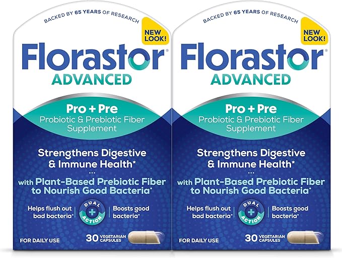 Florastor Select Pro+Pre Daily Probiotic and Prebiotic Supplement for Women and Men, Boosts Good Bacteria, Saccharomyces Boulardii CNCM I-745 (30 Capsules) (Pack of 2)