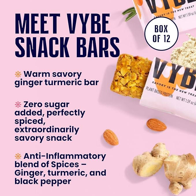 Vybe Snacks Savory Nutrition Bars Turmeric Ginger Flavor | Plant Based Vegan, Zero Added Sugar, Gluten Free, Keto Friendly, No Artificial Ingredients, Organic, 8-9 gm Protein & Gut Friendly Fiber Crunchy & Delicious (Box of 12, 45g each)