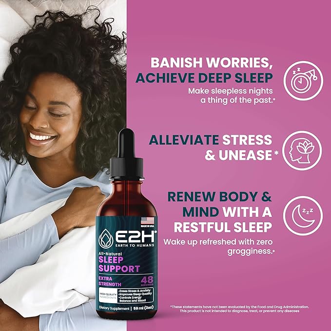 E2H Natural Sleep Aid - Liquid Melatonin with Chamomile, Theanine - Sleep Better, Deeper, Longer - Vegan, Gluten Free - Provides Stress Relief (2 Bottles)