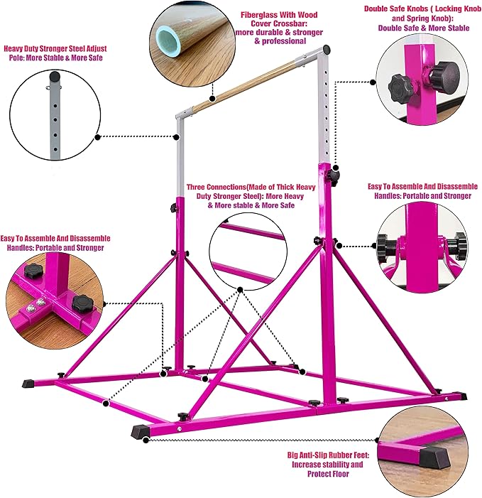 Gymnastic Bar for Kid and Teenage Ages 3-25, 5 FT / 6 FT Base Length, 5 FT / 6 FT Height, Gymnastic Kip Bar Horizontal Bar for Gymnast, Gymnastic Training Equipment for Home and Club Use