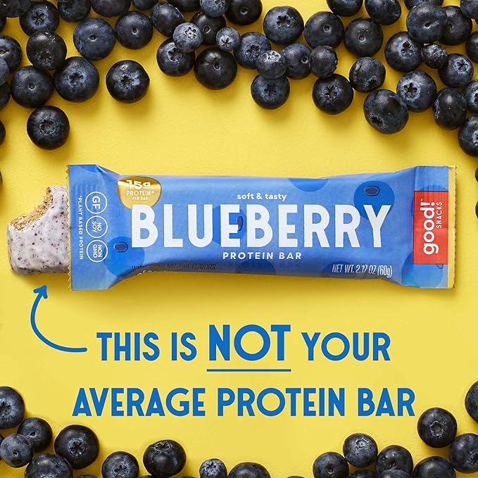 good! Snacks Blueberry Vegan Protein Bar, Soy & Gluten Free, Plant Based, Low Sugar, 15g Clean Protein, Natural Healthy Superfood Snack, Kosher Friendly, For Athletes & Active Lifestyles, 12 Bars