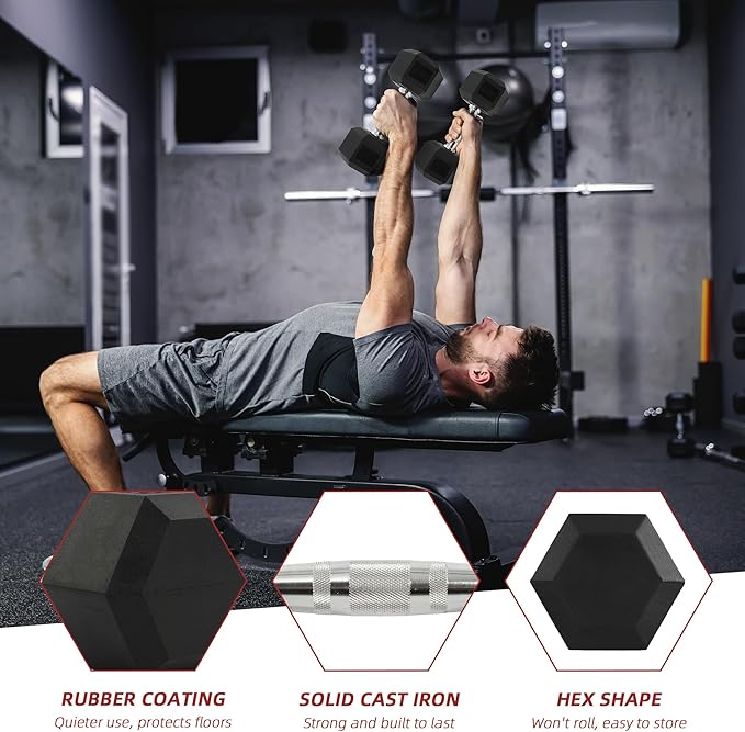 60 lb Dumbbells Set of 3 Pairs (5, 10, 15 lb) – Rubber Encased Hex Weight Dumbbell Set, Cast Iron Home Gym Equipment for Full-Body Strength Training