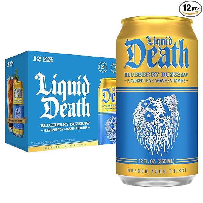 Liquid Death, Blueberry Buzzsaw Iced Tea, 12-Pack (12 oz Cans), Blueberry Flavored Black Tea, Low Calorie, No Artificial Sweeteners, B12 & B6 Vitamins