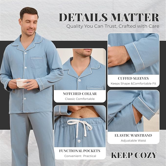 U2SKIIN Mens Cotton Pajama Set, Soft Long Sleeve Pajamas for men Lightweight Button Up Sleepwear Lounge Pjs Set with Pockets