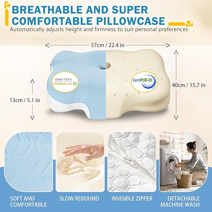 Cervical Neck Pillow for Pain Relief - Ergonomic Side Sleeper Pillows with Dual-Density Memory Foam, Orthopedic Neck Support Pillow for Sleeping, Cooling Pillow for Back Stomach Sleepers