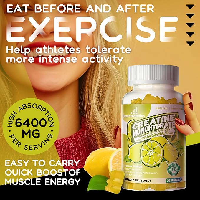 Creatine Monohydrate Gummies Complex for Men & Women -Advanced Formula W/L-Taurine + Vitamin B12, Sugar Free Chewable Supplement,90 Lemon Gummies