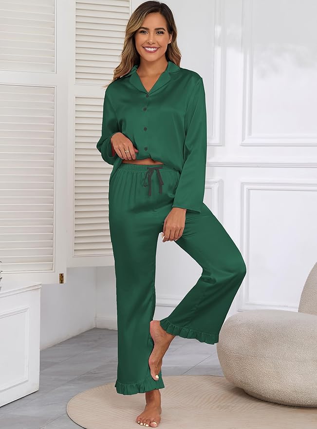 Veseacky Womens Satin Pajama Set Silk Pjs Button Down Long Sleeve Sleepwear Loungewear Sleepwear 2 Piece Pjs Set S-XXL