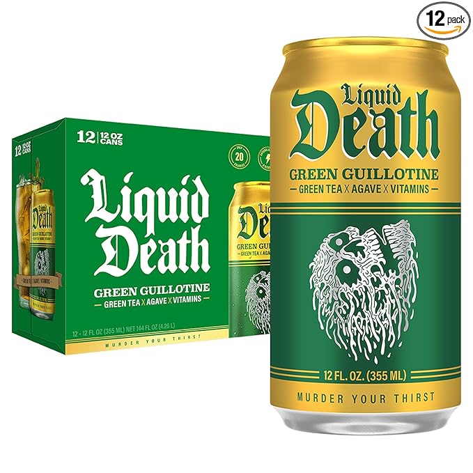 Liquid Death, Green Guillotine Iced Tea, 12-Pack (12 oz Cans), Green Tea, Low Calorie, No Artificial Sweeteners, B12 & B6 Vitamins