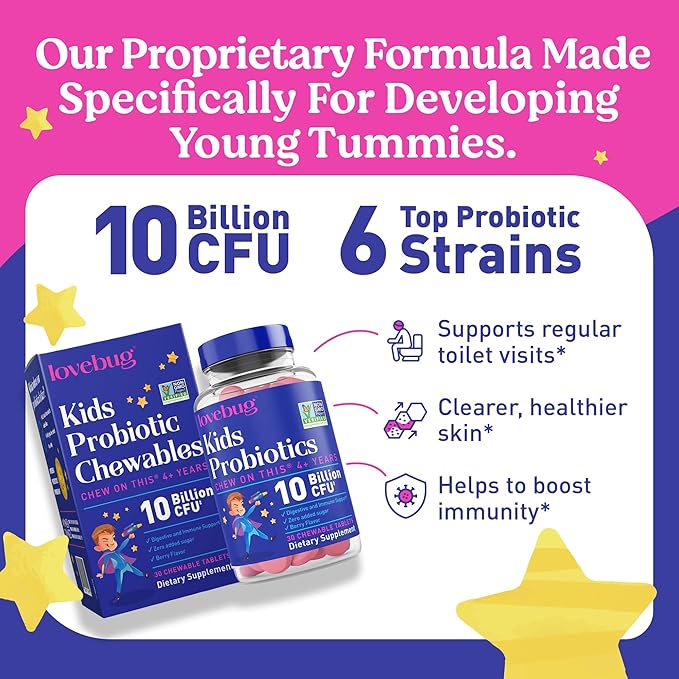 LOVEBUG Probiotics for Kids – Probiotic Chewables with Prebiotic Fiber for Age 4+,Daily Children's Gut Health & Digestive Support Supplement, Sugar-Free Berry Flavor, 30 Count