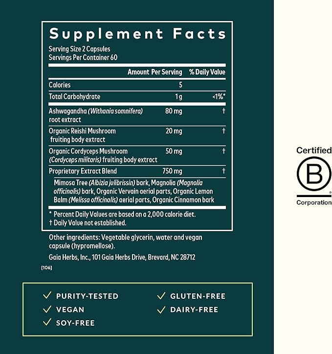 Gaia Herbs Adrenal Health Nightly Restore - Herbal Supplement with Ashwagandha, Magnolia Bark, Cordyceps, Lemon Balm & More* - 120 Vegan Liquid Phyto-Capsules (60 Servings)