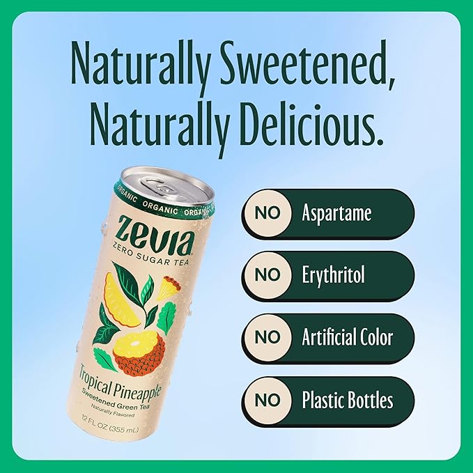 Zevia Organic Sugar Free Iced Tea, Green Tea Tropical Pineapple, 12 Ounces (Pack of 12)