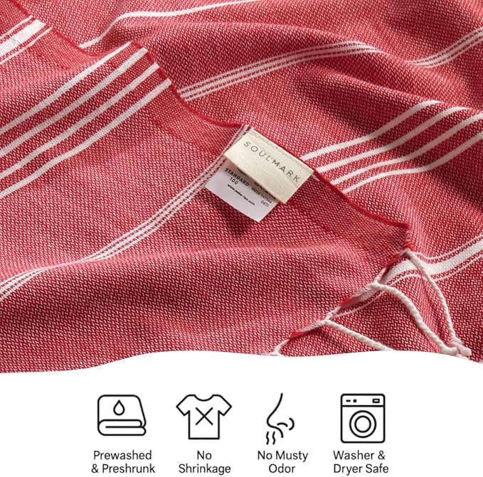 SOULMARK 100% Cotton Turkish Beach Towel with Bag - 38"x71" - 2 Pack - Made in Green & Oeko TEX Certified - Pre-Washed and Sand Free - Quick Dry and Lightweight for Travel - Made in Turkey - Red