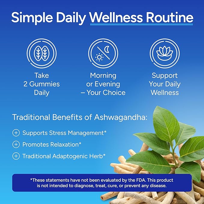 Sugar-Free Ashwagandha Gummies for Stress, Sleep & Mood Support - High-Potency 30:1 Ashwagandha Supplement Extract - Vegan Adaptogen Supplement for Women & Men, Natural Flavor, Plant-Based, 90 Gummies